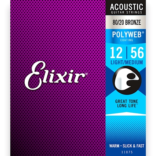 Elixir E11075 80/20 Light Medium Bronze Acoustic Guitar Strings w POLYWEB Coating